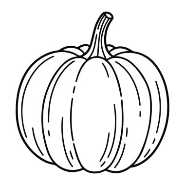 Beyaz arka planda basit bir balkabağı çizgisi. Balkabağının belirgin bir gövdesi ve birkaç kavisli kaburgası vardır. Bu, gölgelendirmesi ya da rengi olmayan temel bir taslak. Balkabağı, siyah ve beyaz, çizgi sebze. Siyah ve beyaz çizgili balkabağı çizgisi