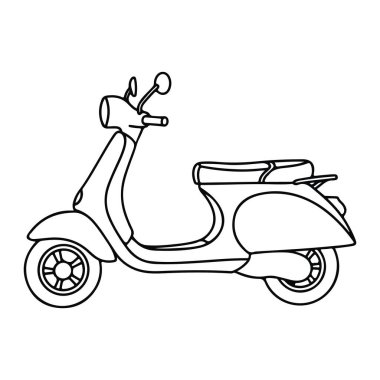 Beyaz arka planda siyah bir scooter çizgisi. Scooter tek koltuklu ve klasik The Minimalist, temiz çizgileri, gölgesi ya da rengi olmayan bir kenar manzarada resmedilir. Çizgili scooter, motosiklet, araç. Scooter 'ın siyah çizgisi.
