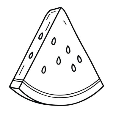 Beyaz arka planda üçgen bir karpuz diliminin basit siyah çizgisi. Dilim koyu siyah çizgiler ve gözyaşı şeklinde tohumlarla çizilmiş. Karpuzun kabuğu kısa çizgiler ve gölgelerle betimlenir.