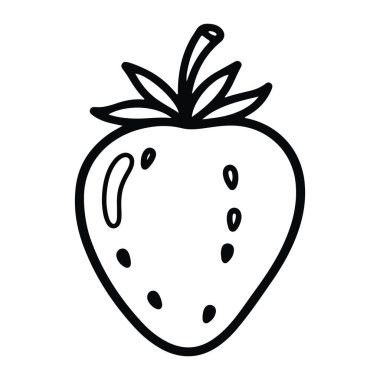 Beyaz arka planda basit bir çilek çizgisi. Çileğin yüzeyinde yapraklı ve tohumları var. Minimalist ve tek renk kullanıyor. Çilekli, siyah, çizgi meyveli. Çilek çizgisinin siyah çizgisi. Basit meyve çizgi filmi..