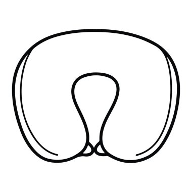 Bir seyahat yastığının basit siyah çizgisi, aynı zamanda boyun yastığı olarak da bilinir, beyaz arka planda. Yastığın arkasında daha kalın bir kesit ve önünde başı ve boynu daha ince bir kesit olan ayırt edici bir U şekli vardır. Bu tarz...