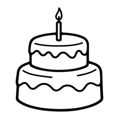 Pastanın üzerinde tek bir mum bulunan iki katlı bir doğum günü pastasının basit siyah çizgisi her katın etrafında şekerleme olduğunu gösteren dalgalı çizgiler içerir. Arka plan düz beyaz. Pasta, doğum günü pastası, iki katlı pasta. İki katlı doğum günü pastasının siyah çizgisi.
