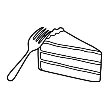 Kek diliminin üzerinde çatal olan basit siyah bir dilim, üzerinde üç yatay çizgi ile tasvir edilir. Katman ve çatal üzerinde dekoratif bir kenar gösterilir.