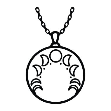 Ay 'ın evrelerinden birini içeren zincirdeki basit siyah bir kolye çizgisi. Kolye daireseldir ve yukarı doğru uzanan bir zincir vardır. Ay evreleri yeni moo da dahil olmak üzere kolyenin içinde dairesel bir şekilde tasvir edilir.