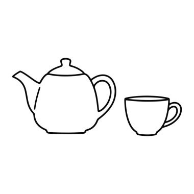 Çaydanlığın basit siyah çizgisi ve beyaz arka planda bir fincan. Çaydanlığın solunda bir çıkıntısı ve sağında bir sapı var. Fincanın sağ tarafında bir sapı var. Her ikisi de gölgelendirme ya da renk doldurma olmadan siyahla çizilmiş..