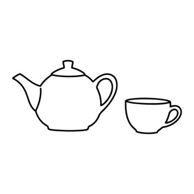 Çaydanlığın basit siyah çizgisi ve beyaz arka planda bir fincan. Çaydanlığın solunda bir çıkıntısı ve sağında bir sapı var. Fincanın sağ tarafında bir sapı var. Her ikisi de doldurulmamış siyahla özetlenmiş..