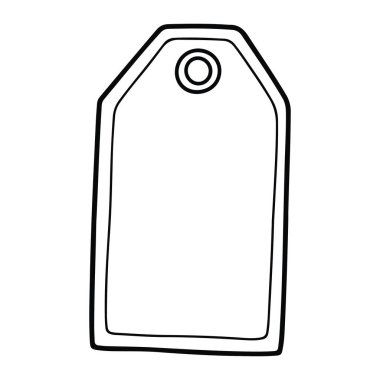 Siyah çizgili beyaz etiketli basit bir çizgi. Etiketin altıgen ve düz kenarları var. Alttan hafifçe içe doğru konik. Küçük bir daire, bir sicimin ya da delik delginin etiketin olduğu yeri gösterir. Arkaplan