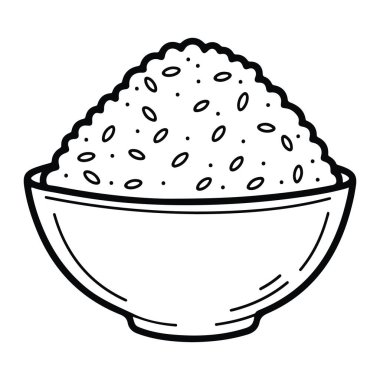 Pirinçle dolu siyah beyaz bir kase. Kase merkezde ve yuvarlak bir şekli ve küçük bir tabanı var. Pirinç üst üste yığılmış ve birkaç dağınık oval şekli ve dokuyu temsil eden noktaları var. Arkaplan düz beyaz.