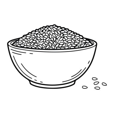 Susam tohumlarıyla dolu basit siyah beyaz bir kase. Kasenin ortasında susam tohumlarıyla dolu bir kase var. Kaseden birkaç tohum döküldü ve sağa doğru beyaz arka plana saçıldı. Basit bir satırda yapılır.