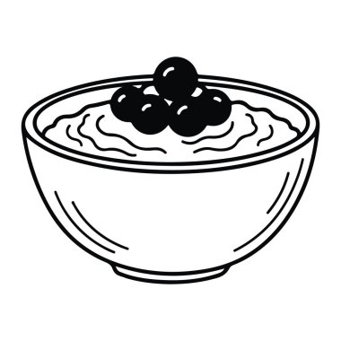Üzerinde yaban mersini olan yoğurt dolu siyah beyaz bir kâse. Kase merkezde ve şeklini ve dokusunu gösteren birkaç çizgi var. Kasenin içindeki yoğurt, kremalı dokusunu gösteren dalgalı çizgiler içeriyor. T