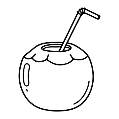 İçinde kamış olan basit bir hindistan cevizi çizgisi. Hindistancevizi karikatür tarzında tasvir edilir. Kenarında sapı ve eğri bir pipet vardır. Siyah beyaz renkte ve gölgesi yoktur..