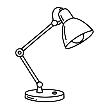 Ayarlanabilir kolu ve konik gölgesi olan basit bir masa lambası çizgisi. Lambanın yuvarlak bir tabanı ve gölgenin farklı açılarda konumlandırılmasını sağlayan uzun ve esnek bir kolu vardır. Beyaz arkaplan üzerinde siyah çizgiler, ek de yok