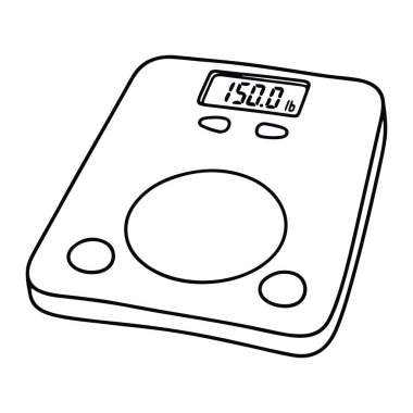 Dikdörtgen gövdeli ve yuvarlak köşeli dijital banyo terazisinin basit bir çizgisi. Ölçek, 150 lb 'lik bir okuma gösteren dijital bir ekrana sahiptir. Ekranın altında iki küçük oval düğme ve merkezde büyük bir dairesel alan var.