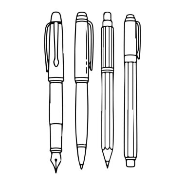 Yan yana dizilmiş dört enstrümandan oluşan siyah beyaz bir enstrüman. Soldan sağa, bir dolmakalem, tükenmez kalem, mekanik bir kalem ve bir rollerball kalemi var. Her biri klipler gibi çeşitli ayrıntılarla basit bir satır biçiminde tasvir edilir,