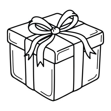 Kutunun üzerinde kurdele olan basit bir hediye kutusu çizgisi kare ve düz kurdele yay şeklinde bağlanmış ve ortasında küçük bir daire var. Tüm siyah çizgiler beyaz arkaplanda..