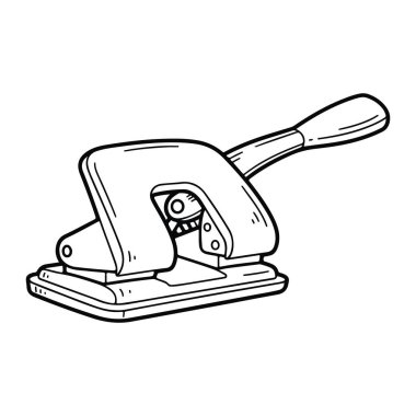 Beyaz arka planda sapı olan siyah-beyaz bir delik yumruğu çizgisi. Delik delgisi, kalın çizgiler ve en az gölgelendirme ile basit ve açıklayıcı bir şekilde tasvir edilir. Cihazın düz bir tabanı ve sapı uzayan bir kolu var.