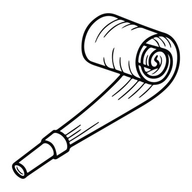 Yuvarlanmış bir hortumun siyah beyaz çizgisi ve bir hortum hortumu. Hortumun bir ucu sarılı ve diğer ucunda silindirik bir hortum var. Çizgi film tarzında, kalın çizgiler ve gölgelerle 2D görünüm veriyor. Arkaplan düz beyaz.