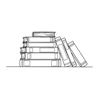 Beyaz arka planda siyah çizgilerle çizilmiş bir yığın kitap. Görünür dikenler ve sayfaları gösteren bazı satırlar. Birbirine yaslanmış bazı kitaplarla deste dengesiz. Gölgelendirmesi ya da kolosu olmayan basit bir çizgi.