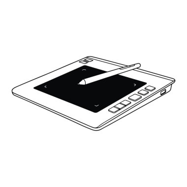 Ekranında bir stil olan siyah beyaz bir tablet çizgisi. Tabletin beyaz bir kenarı ve her köşede dört küçük beyaz sembollü siyah bir ekranı vardır. Stylus ekran boyunca köşegen olarak konumlandırılmış. Tabletin beş satırı var.