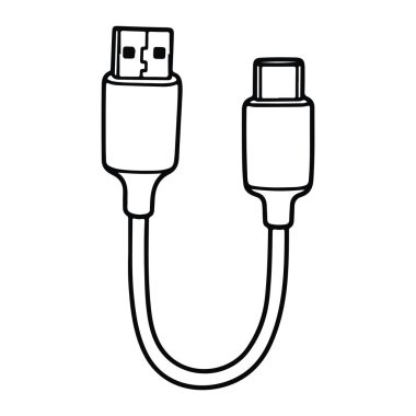 Bir ucunda USB A konnektörü, diğer ucunda da USB C konnektörü olan basit bir USB kablo hattı. Kablo U şeklinde tasvir edilir, konnektörler yukarı bakar. Beyaz arkaplanda siyah çizgiler oluşturulur, ek ayrıntı verilmez.