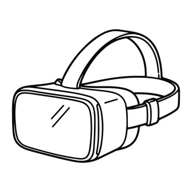 Beyaz arka plana karşı sanal gerçeklik kulaklığının basit bir çizgisi. Kulaklığın önünde iki çapraz çizgi ve kafasının arkasından ve arkasından uzanan bir kayışı olan dikdörtgen bir yüz plakası vardır. Siyah çizgilerle yapılır.