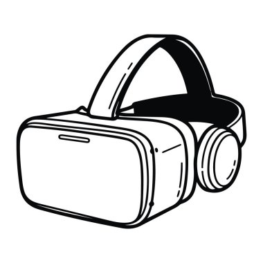 Kulaklıklı sanal gerçeklik kulaklığının siyah beyaz çizgisi. Kulaklığın yuvarlak kenarları ve kafasının üzerinden geçen bir kayışı olan dikdörtgen şeklinde bir şekli var. Kulaklıklar kulaklığın kenarlarına ve dairesel bir şekle bağlı. Şey...