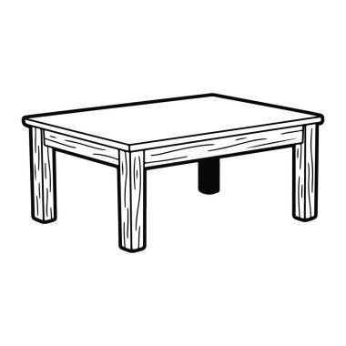 Dört ayaklı, kare ahşap bir masa ve bir tarafı silindirik kesimli basit bir çizgi. Masa koyu beyaz bir arka planda siyah çizgilerle tasvir edilir. Tahta yaprak dokusu masanın bacaklarında ve çerçevesinde görünür..