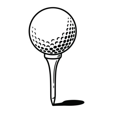 Golf topunun sade siyah beyaz bir golf topu. Golf topunun gamzeleri vardır ve altında küçük bir gölgeyle golf sahasının üzerine konmuştur. Bu düz beyaz arkaplan ile bir çizgi stilidir. Golf, golf, golf. Siyah ve beyaz golf topu açık