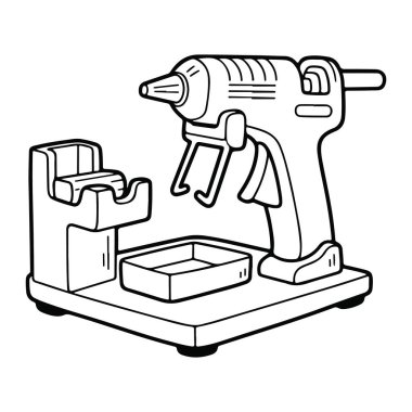 Bir çalışma istasyonuna yerleştirilmiş siyah beyaz bir matkap hattı. Matkabın sapı ve solu gösteren uzun bir hortumu var. Çalışma yerinin önünde küçük bir tepsi ve solunda bir alet tutacağı var. Rengi ve gölgesi olmayan basit bir çizgi.
