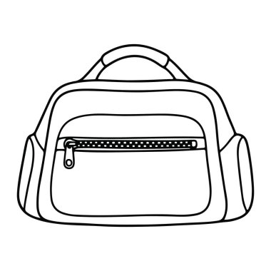 Beyaz arka planda siyah çantalı bir kurye çizgisi. Çantanın ön cebinde fermuarlı bir cebi ve sapı olan yuvarlak dikdörtgen şeklinde bir şekli var. Ayrıca çantanın iki yan cebi ve basit bir minimalist var.