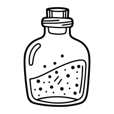 Yuvarlak gövdeli ve silindirik kapaklı siyah beyaz bir şişe çizgisi. Şişede baloncuklu bir sıvı var ve düz beyaz bir arka plana ayarlı. Tarzı minimalistik ve çizgi film gibi..