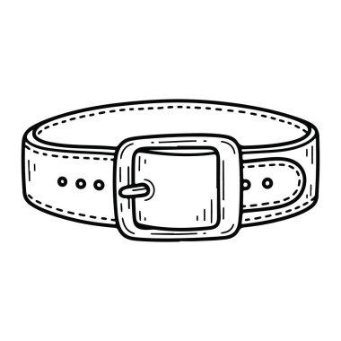 Dikdörtgen tokalı basit bir siyah beyaz deri kemer. Kemerin kenarları boyunca dikişler ve sol tarafında üç delik var. Toka ortada ve sol tarafında küçük bir döngü var. Arkaplan düz beyaz.