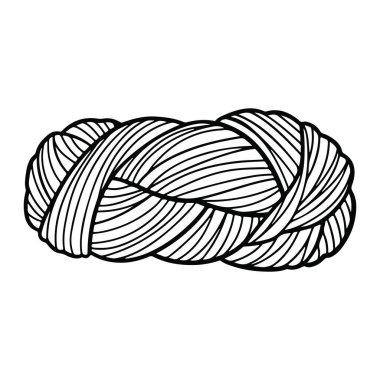 Kalın çizgiler ve detaylı bir dokuyla yaratılmış siyah beyaz bir halat düğümü. İp bükülmüş, birbirine kenetlenmiş bir desenle betimlenmiştir, net ve basit bir şekilde, halatın dokusunu ve detaylarını vurgulayan düz beyaz bir arka plan üzerine kurulmuştur..