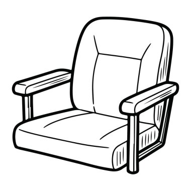 Koltuğu minderli ve arkası minimalist, ahşap kolları ve minimalist tek bir siyah beyaz koltuk. Sandalye, kalın çizgiler ve gölgeli bir çizgi film tarzıyla tasvir edilir. Arkaplan düz beyaz.