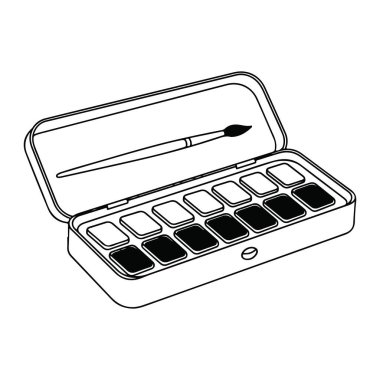 Açık bir suluboya paleti çizgisi. Kapağında boya fırçası var. Palette altı adet dikdörtgen kuyu bulunur, altısı siyah boya ve altısı boştur. Palet yuvarlak köşeler ve küçük bir CI ile dikdörtgendir.