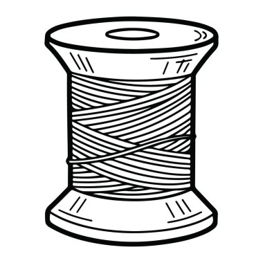 Bir makara ipliğin basit siyah beyaz çizgisi. Makaranın dairesel ve tabanı var. Silindirik bir gövdesi var. İplik, makaranın etrafında çapraz bir şekilde tasvir edilmiş. Düz beyaz bir arka planı var..