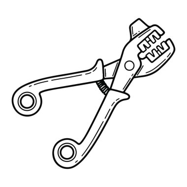 Dişli çene ve iki uzun saplı ayarlanabilir İngiliz anahtarının siyah beyaz çizgisi. İngiliz anahtarı sağdaki çene ve soldaki kulplarla köşegen olarak yerleştirilmiş. Çeneler dişli ve ayarlanabilir gibi görünüyor. Kulplar c