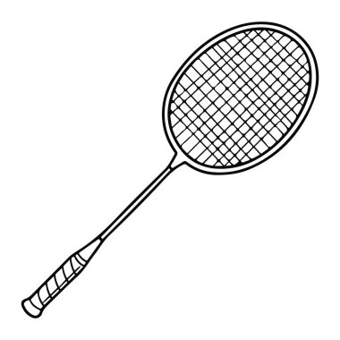 Beyaz arka planda badminton raketinin basit bir çizgisi. Raketin kabzası sarılı ve ağ desenli geniş oval bir kafası var. Tümü siyah çizgilerle çizilmiş, ne gölge ne de renk var..