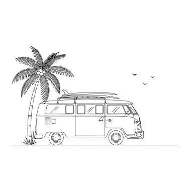 Minibüsün üzerinde sörf tahtası olan bir palmiye ağacının yanına park edilmiş siyah beyaz bir minibüs çizgisi sağa bakıyor ve çatıya bağlı bir sörf tahtası var. Minibüsün solunda birkaç hindistan cevizi olan bir palmiye ağacı var. Üç kuş uçuyor.