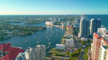 Aerial drone footage of Las Olas Boulevard in Fort Lauderdale, perfect for travel, tourism, lifestyle, or real estate projects. It shows a beautiful ocean