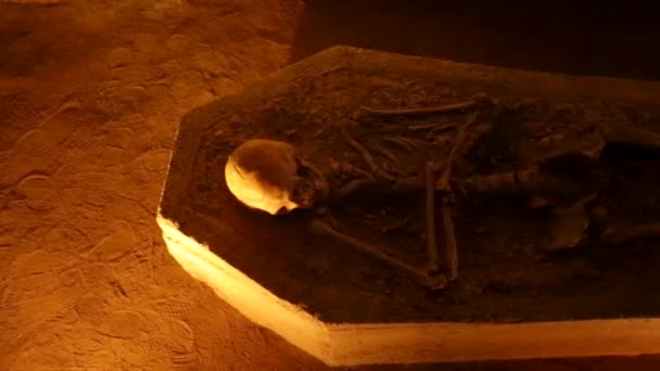 Skelett in einem Grab in einer Höhle aufgebahrt — Stockvideo