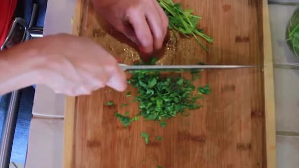 Female chef chopping Cilantro — Stock Video