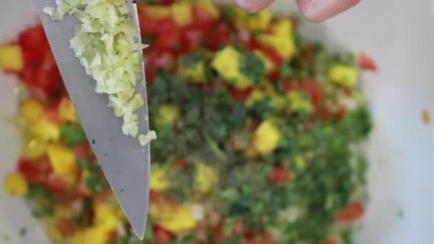 Las manos de chef agregan ajo a una deliciosa ensalada — Vídeos de Stock