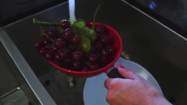 Γυναίκα που κρατά ένα πιάτο με σταφύλια, όπως αυτή καθαρίζει τους με νερό — Αρχείο Βίντεο