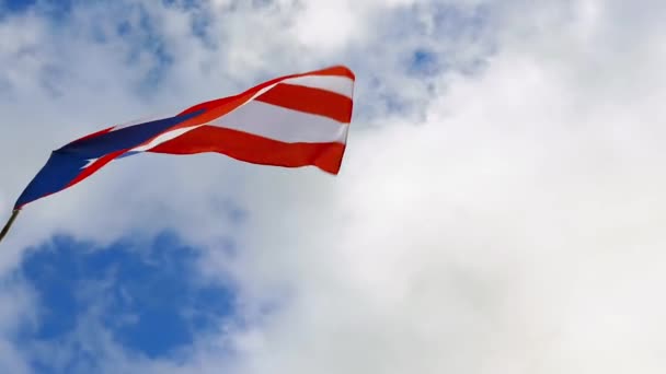 Belle prise de vue du drapeau portoricain soufflant dans le vent pendant la journée . — Video