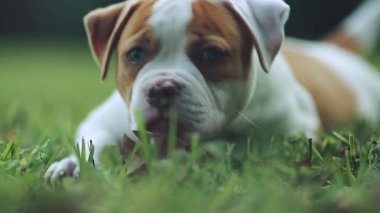 Otların arasında güzel bir günde oynayan sevimli köpek. Yeşil gözleri