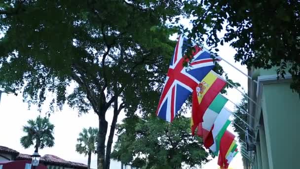 Banderas de diferentes países colgando en la calle bajo los árboles — Vídeo de stock