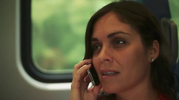 Κοντινό πλάνο της γυναίκας που μιλάει στο κινητό της μέσα σε ένα τραίνο — Αρχείο Βίντεο