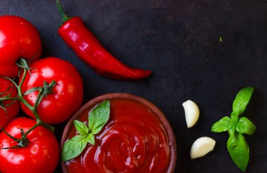Domates sosu salsa ve malzemeler, koyu taş arka plan. Üstten Görünüm