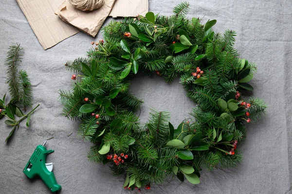 Christmas decoration pine tree wreath. zero waste concept